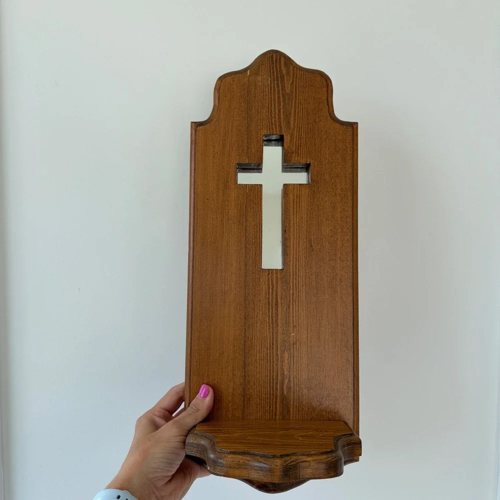 Vintage Wooden Wall Sconce Shelf Mirrored Cross Cutout Religious Decor 16 inch